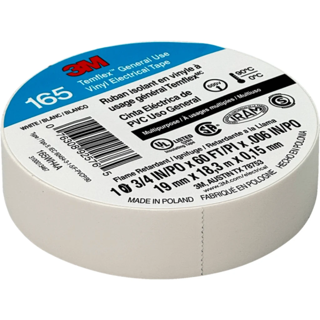 3M 18mt 165 Blanca Huincha Cinta Aisladora PVC 19mm 0,15mm 600V 0-90oC