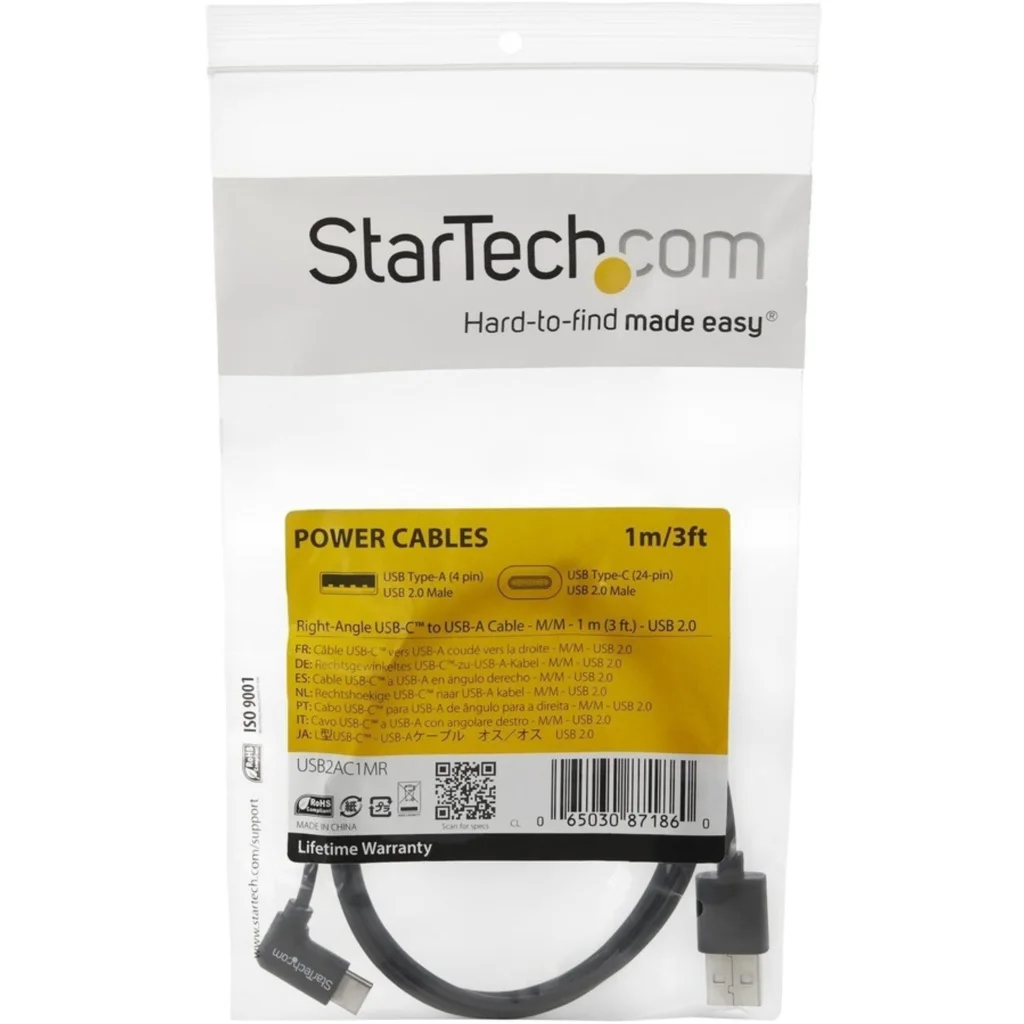 Imagen 1 de Cable StarTech USB 2.0 A Macho a USB 2.0 Type-C Macho en angulo. 1mt Negro