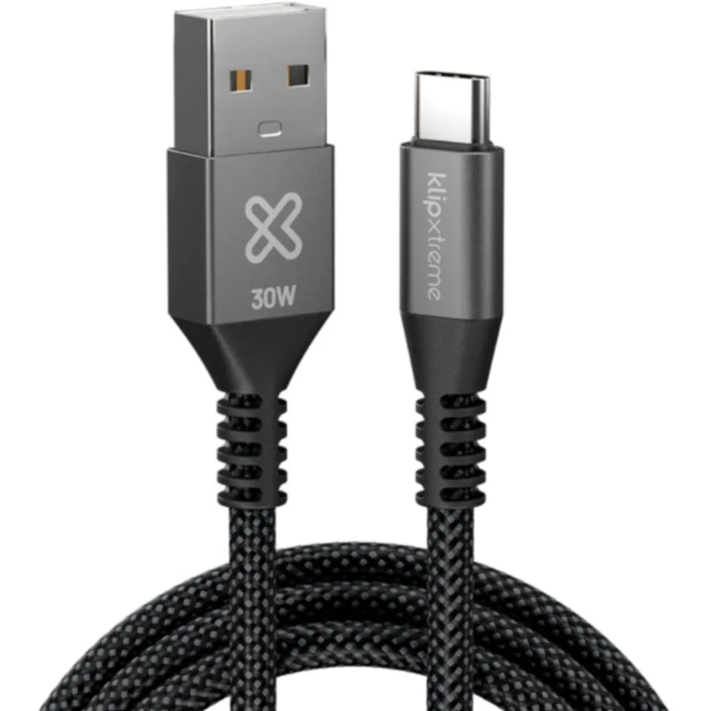 Imagen 1 de Klip Xtreme - USB cable - 24 pin USB-C - 9 pin USB Type A - 1 m - Black - 30W Braided Fast charging