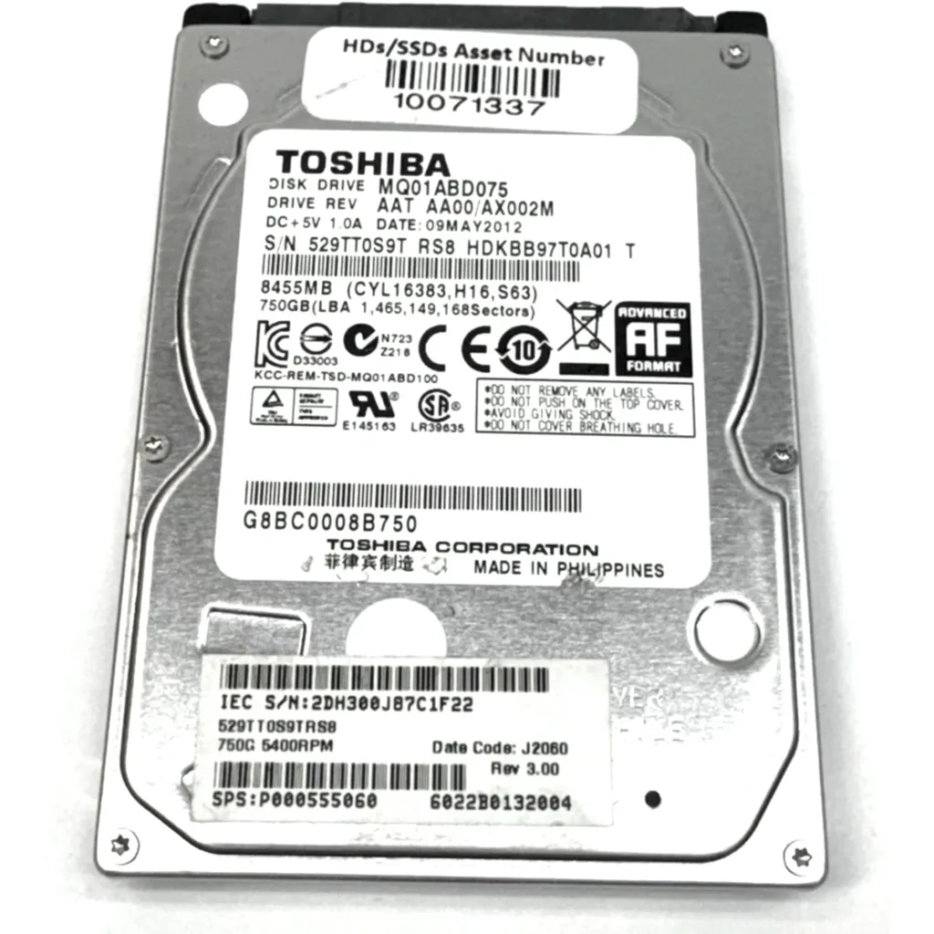 Disco Duro Toshiba 750GB 2.5" 9.5mm 5400 RPM SATA II 3GB/s 8MB (Reacondicionado)
