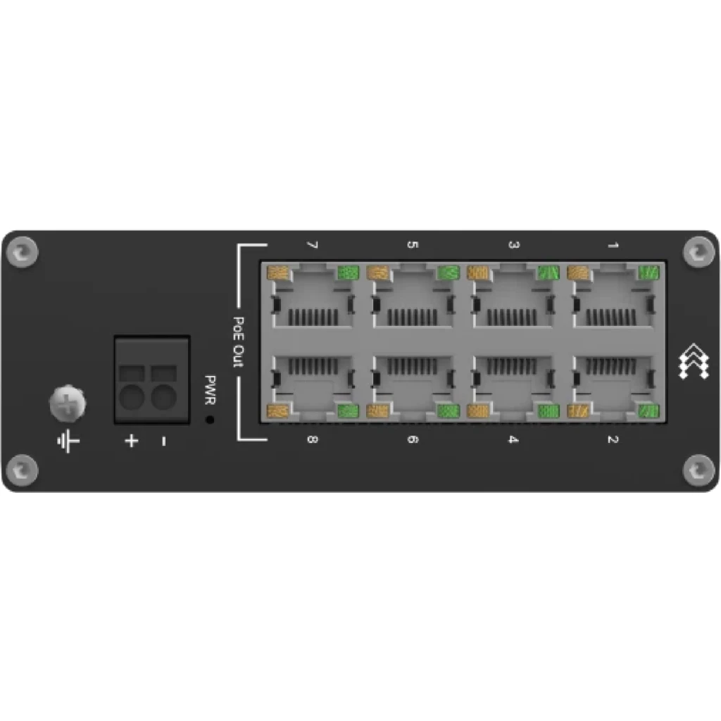 Imagen 3 de Conmutador PoE+ no gestionado de 8 puertos RJ45 con 240 W de potencia total, ideal para aplicaciones industriales. Montaje en carril DIN y soporte para un amplio rango de tensión.