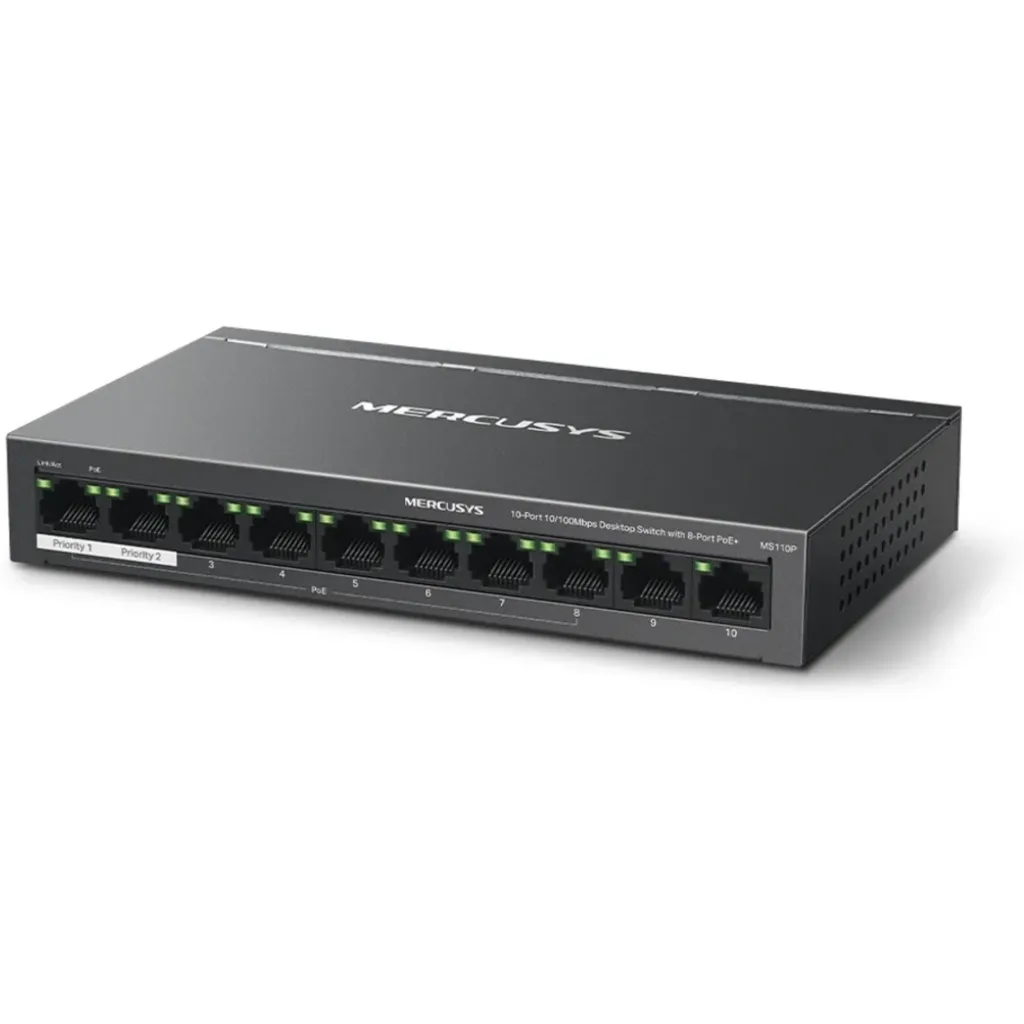 Imagen 1 de Mercusys MS110P V1 - Conmutador - 10 x 10/100 (8 PoE+) - sobremesa, montaje en pared - PoE+ (65 W)