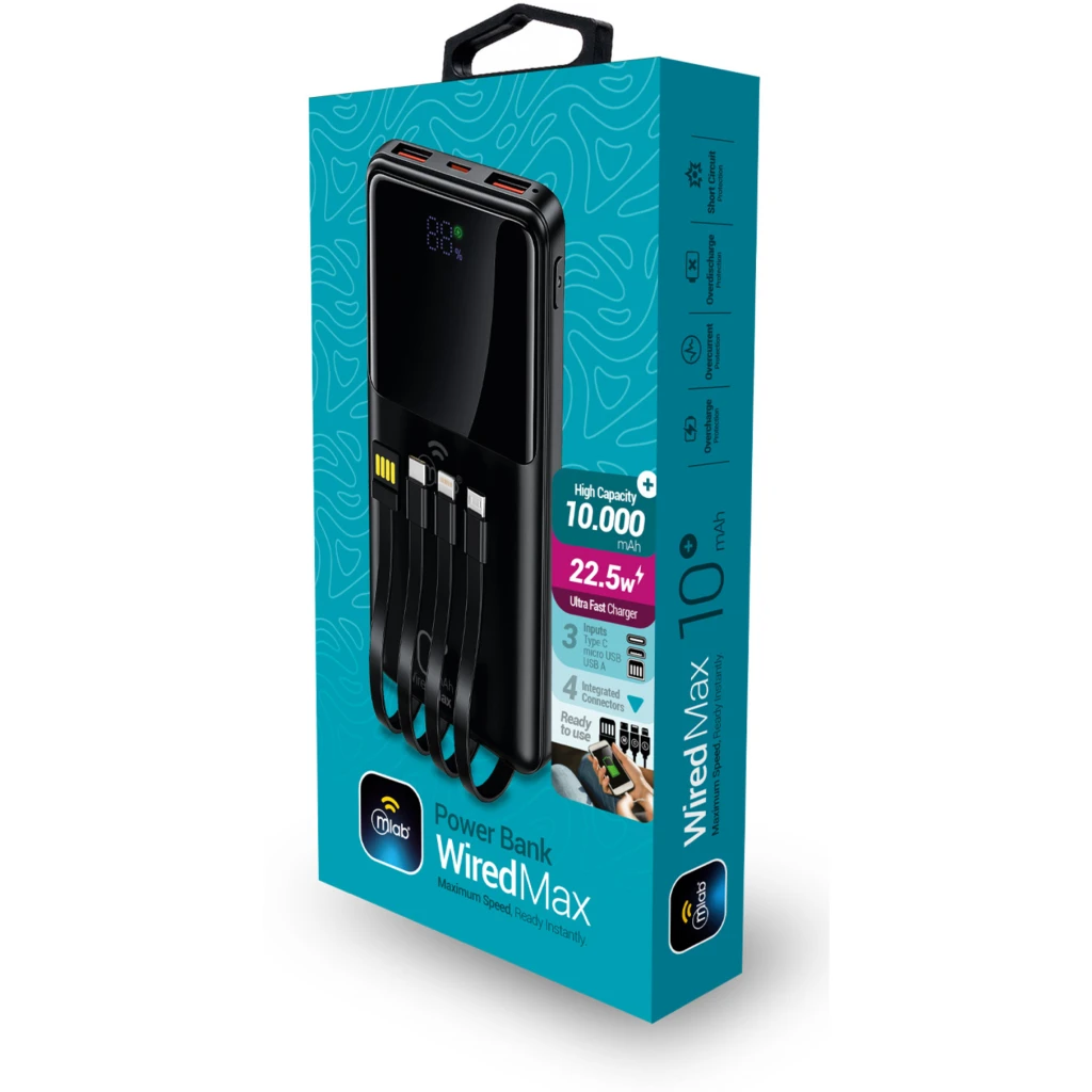 Imagen 2 de MLAB POWERBANK RAPIDO 10.000mAh / 22.5W CARGADOR PORTATIL WIRED MAX ENERGY BLACK