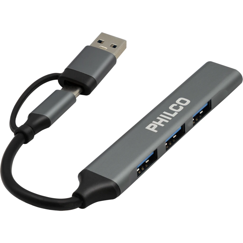 Adaptador HUB Philco USB-A c/adap Tipo-C a Puertos 3*USB-A2.0, USB-A3.0