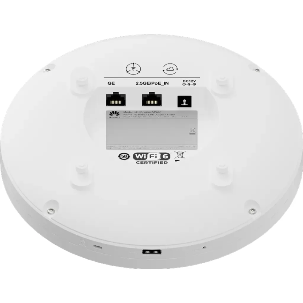 Imagen 1 de AP661. AP Huawei eKit Wifi 6 con velocidad de 6.575 Gbps cuenta con 3 bandas recomendado para 300 usuarios concurrentes cuenta con 1 puertos de 2.5Gbps y 1 puerto 1GE alcance optimo de 40m 