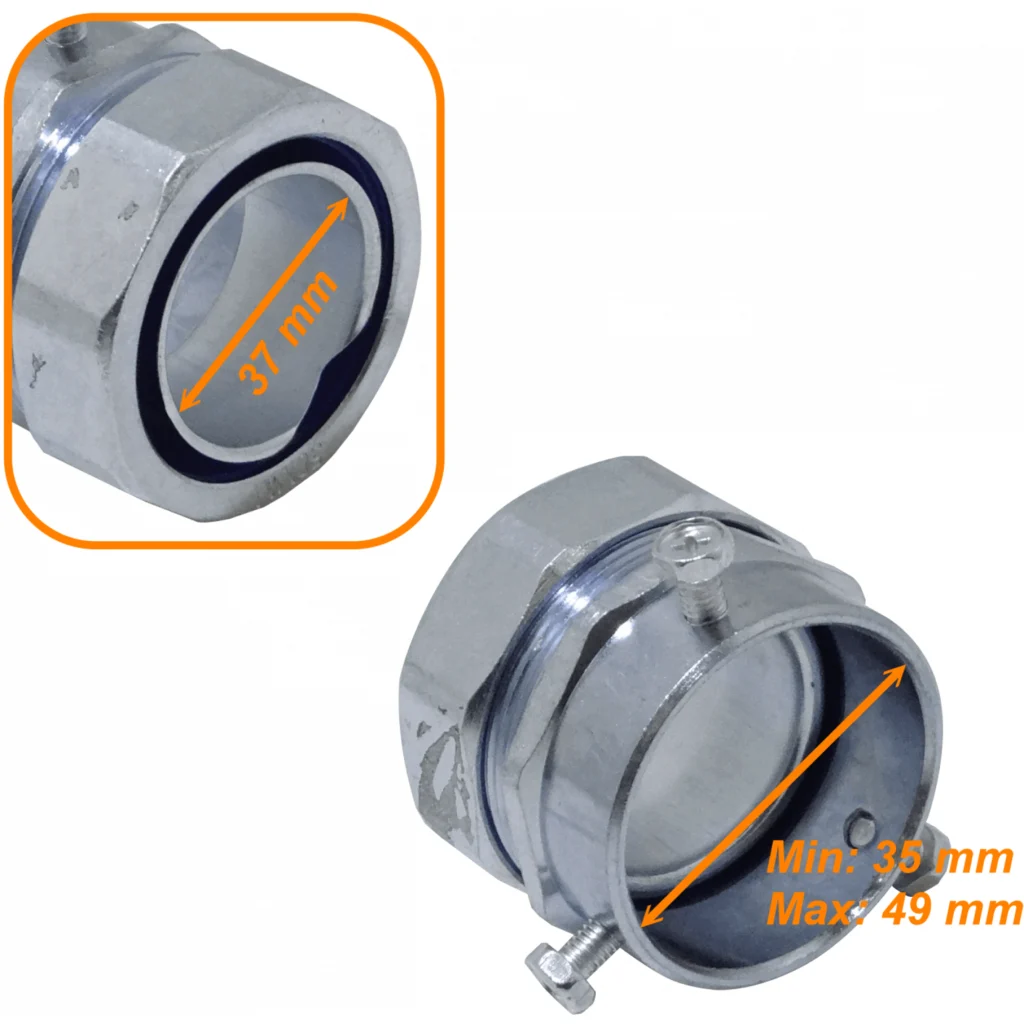 50mm Union EMT a Flexible Conduit Adaptador Metalico 35-49mm a 37mm