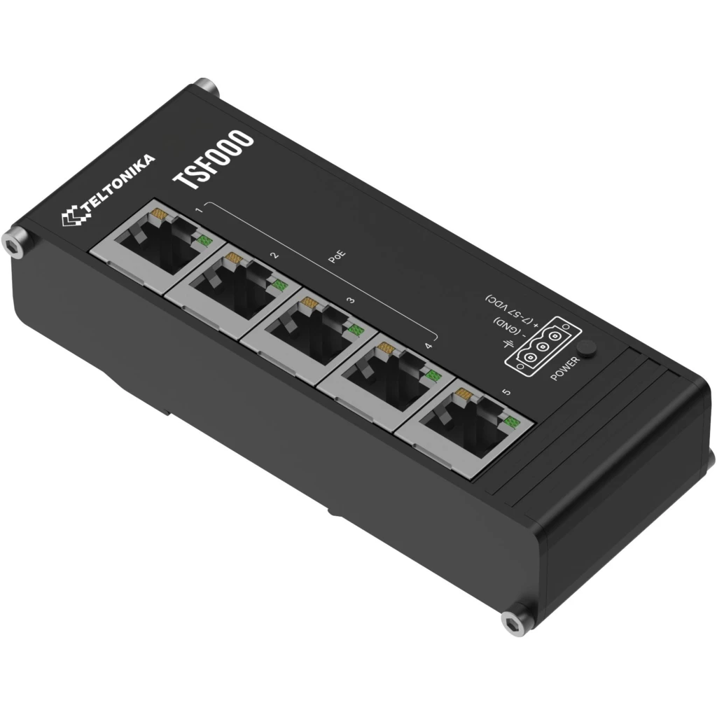 Imagen 1 de Teltonika Switch Ethernet industrial TSF000 con 5 puertos, 4 salidas PoE+, disen