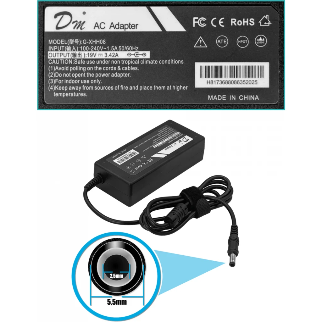 Imagen 1 de Plug-5,5x2,5mm 19VDC 3,41A 65W Switching Fuente de Poder