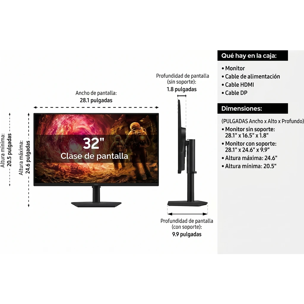 Imagen 2 de Monitor Gamer Samsung Odyssey G5 G50F 32" QHD 2540*1440 IPS HDMI 1ms(GTG) 180Hz 