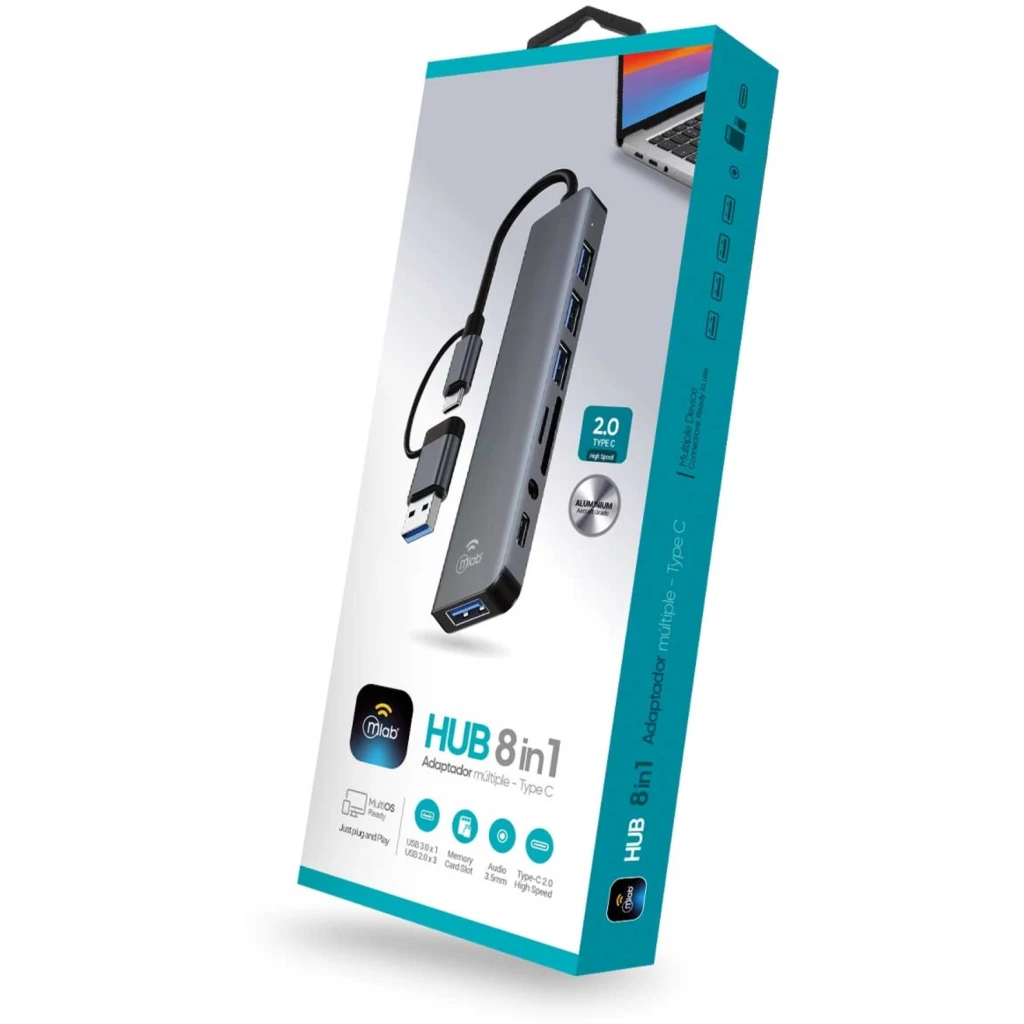 Imagen 2 de MLAB HUB ADAPTADOR 8 EN 1 TYPE-C A SD/TF CARD + AUDIO 3.5mm + USBC2.0 + 1USB3.0 + 3USB2.0