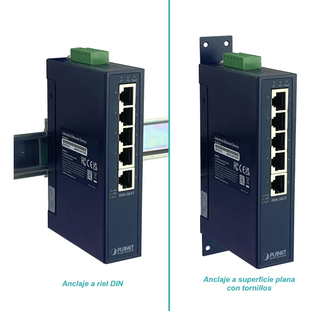 Imagen 1 de Switch Industrial Planet 5-100 5 Port 10/100TX No Admin Riel-DIN 12-48VDC