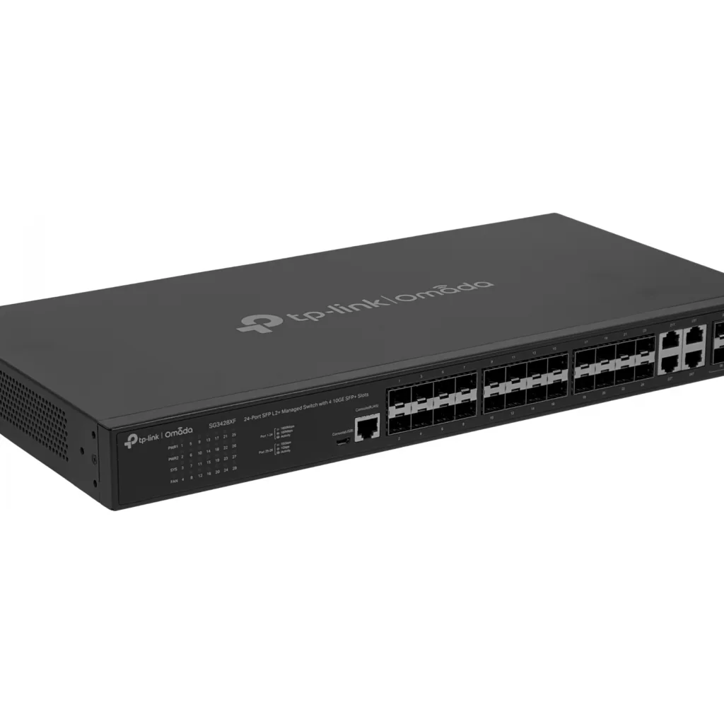 SG3428XF. Switch Omada con 24 puertos SFP 4 puertos SFP+ capacidad de switching de 128Gbps