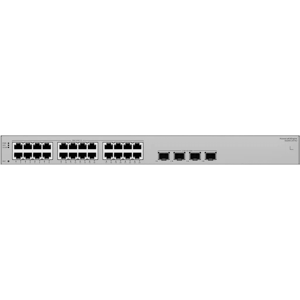 S220S-24T4J. Switch Huawei eKit 24 puertos 10/100/1000Base-T 4 Puertos 2.5GE SFP capacidad de conmutación de 68 Gbit/s capacidad de reenvió de paquetes de 51 Mpps