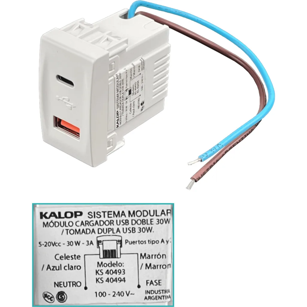 Imagen 2 de KALOP Type-C 1xUSB-C 1xUSB-A Total 3A 10W 100-240VAC Bastidor KS40493