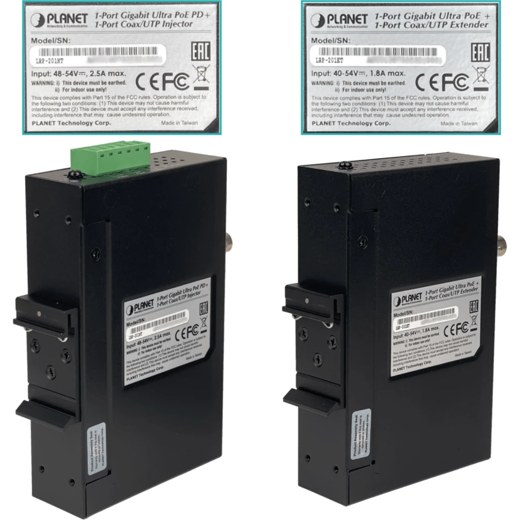 Imagen 1 de PLANET Kit Extensor 600mt-UTP/BNC 1000mbps req-Fuente 48-56VDC PoE-60W