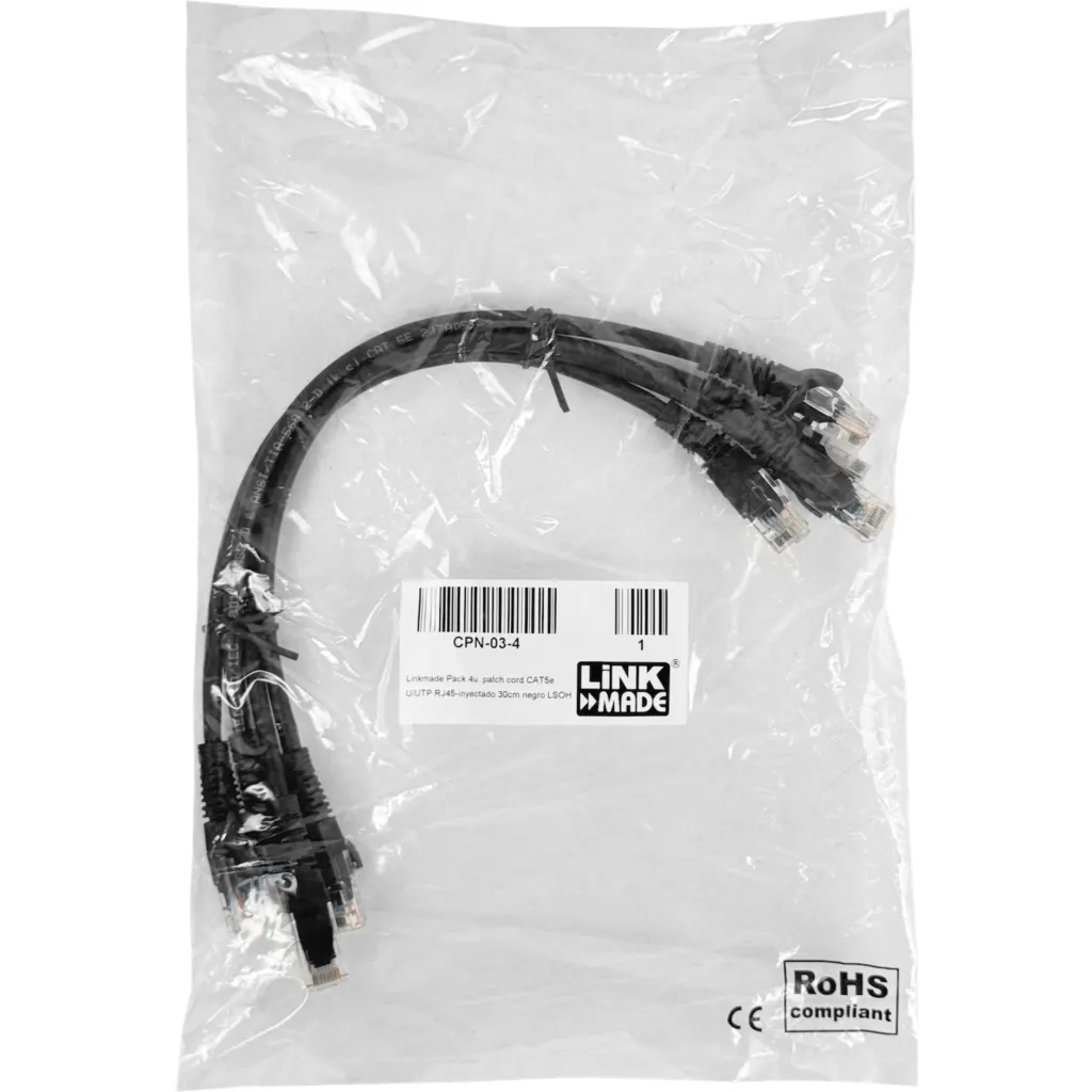 Imagen 1 de LINKMADE 4UN 30CM CAT5E NEGRO LSZH CABLE PATCH INYECTADO MULTIFILAR
