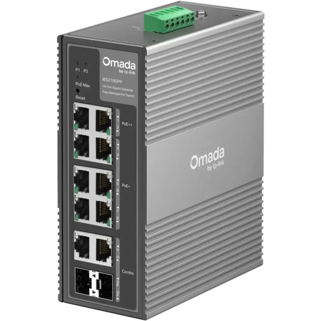 Switch industrial TP-Link IES210GPP Omada con 6 puertos PoE+ y 2 puertos PoE++