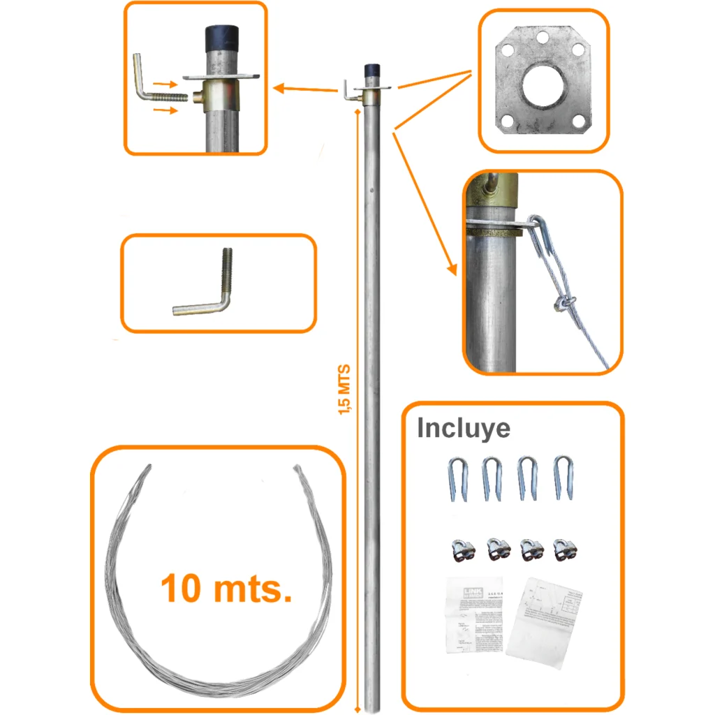LINKMADE 1,5mt Mastil Telescopico con Vientos 1-Tubo-1,5mt