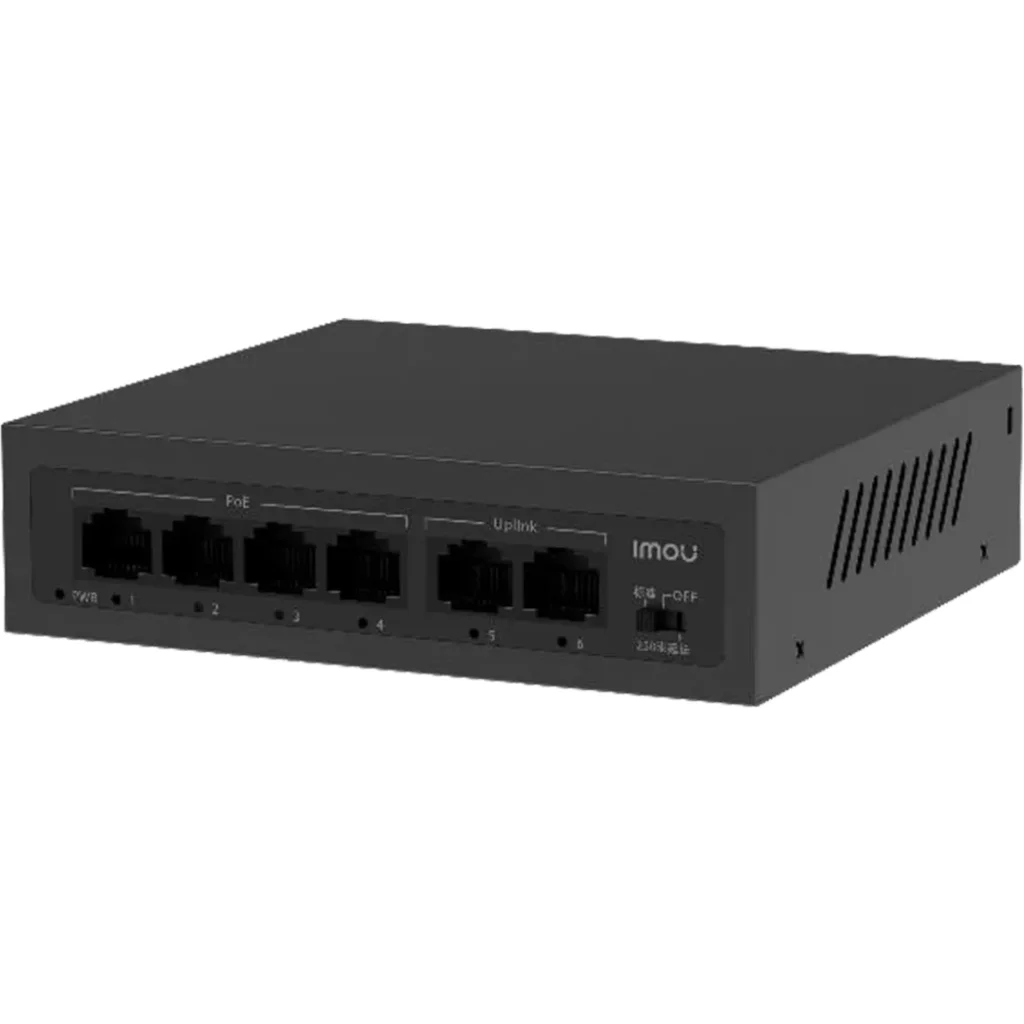 SF106P. Switch PoE IMOU, 4 puertos 10/100M y 2 puertos Uplink 10/100M, Total de potencia 45W, Soporta distancia hasta 250M