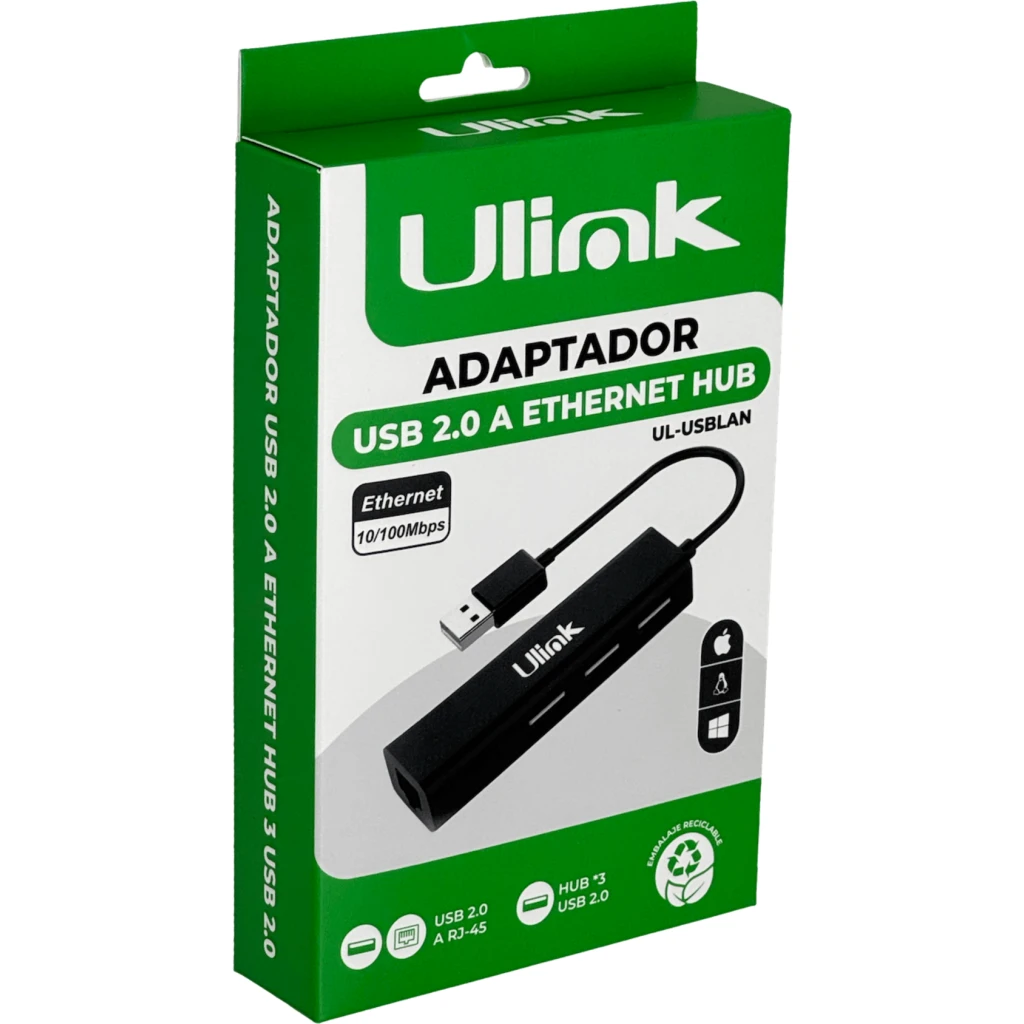 Imagen 4 de Adaptador Multipuertos USB-A 2.0 a Prts HUB 3*USB-A 2.0, LAN 10/100Mbps - Utek