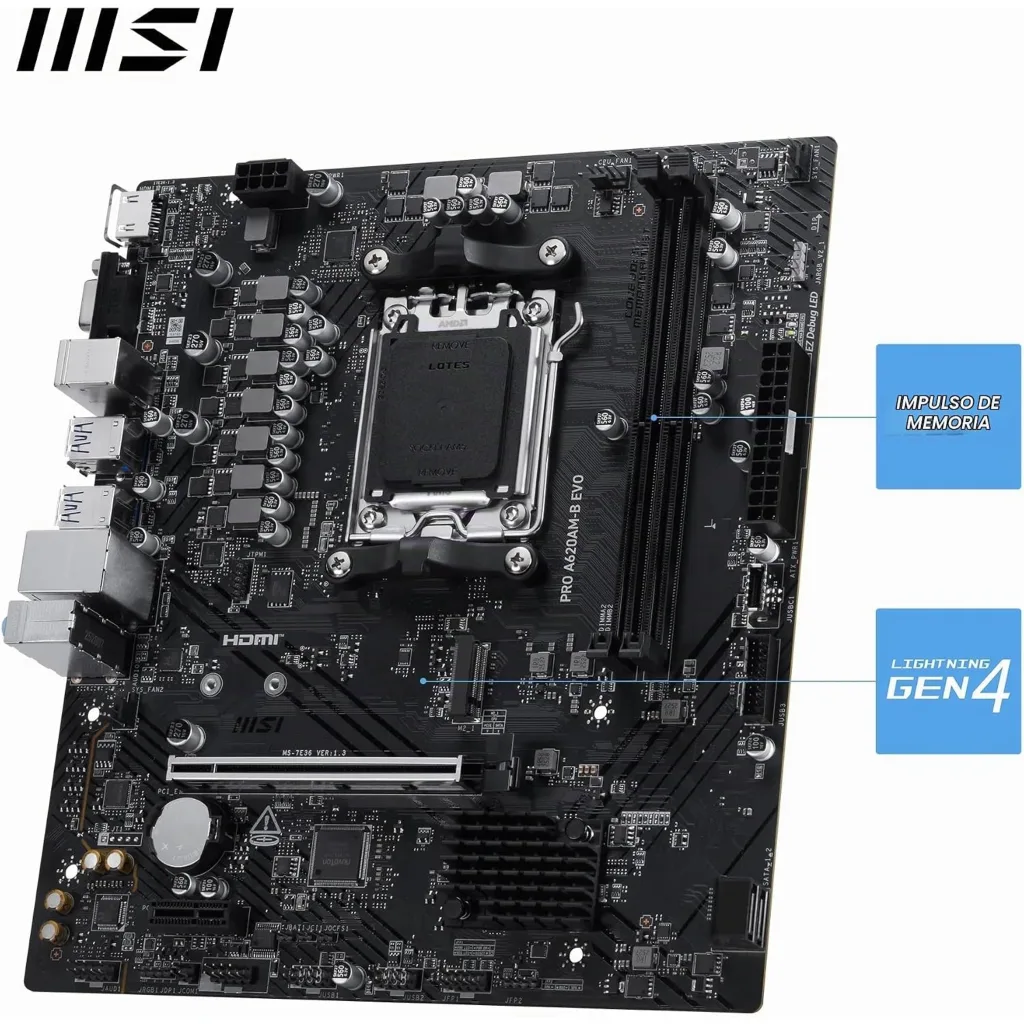 Imagen 2 de Tarjeta Madre MSI PRO A620AM-B EVO Socket AM5 2*DDR5 HDMI 2.5Gbe LAN mATX