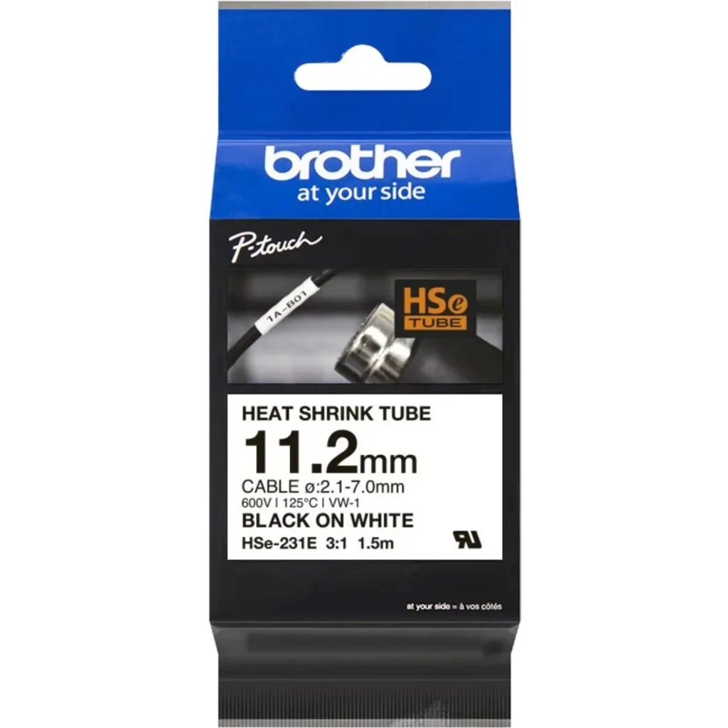 Termorretractil Brother HSE231E, 11.2mm*1.5mts Negro sobre Blanco