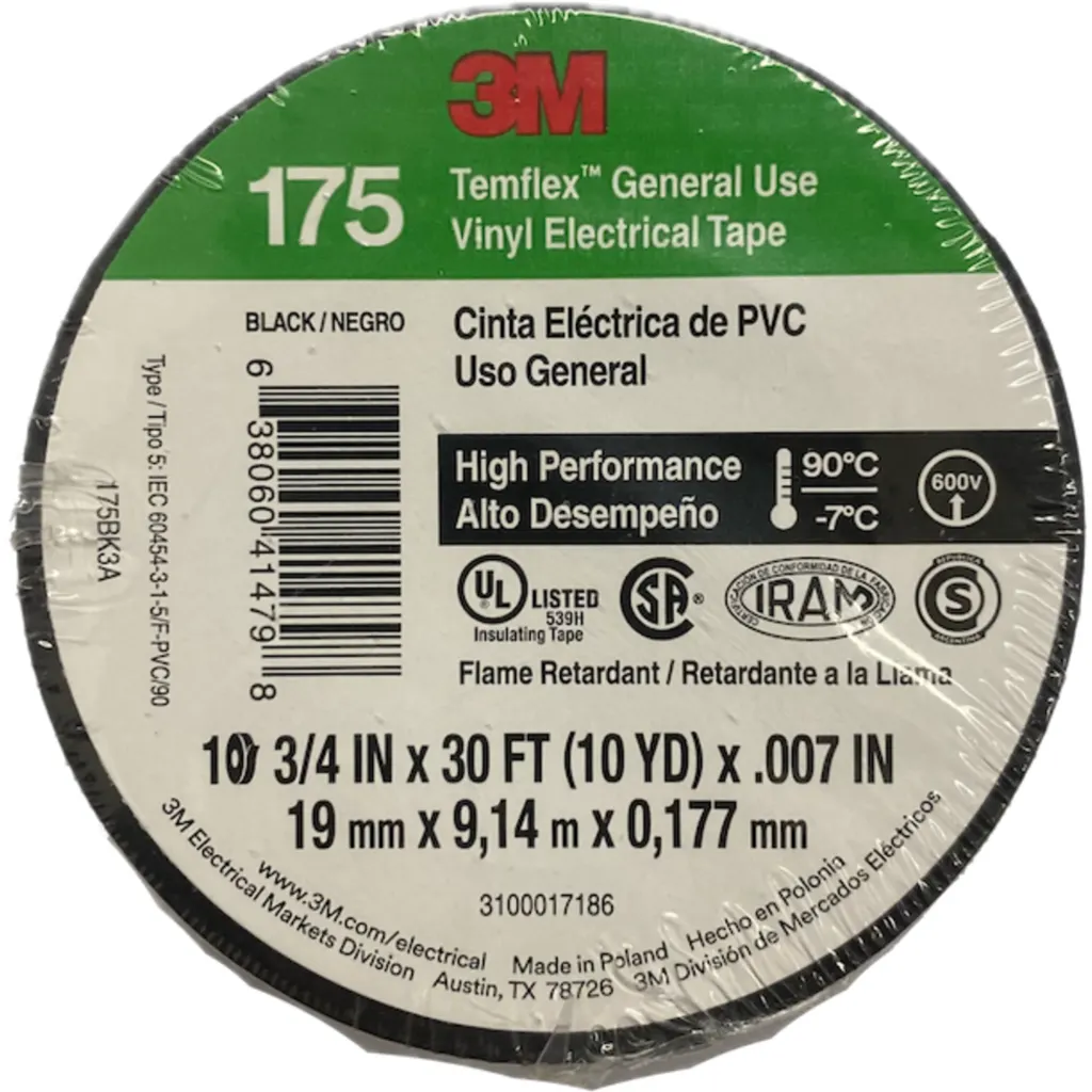 3M 9mt 175 Negra Cinta Aisladora PVC 19mm 0,177mm 600V -7oC a 90oC
