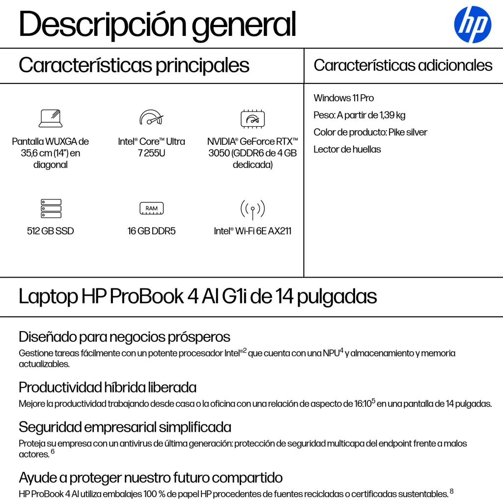 Imagen 10 de Notebook HP ProBook 4 G1i Ultra 7 255U RAM 16GB SSD 512GB 14" W11P