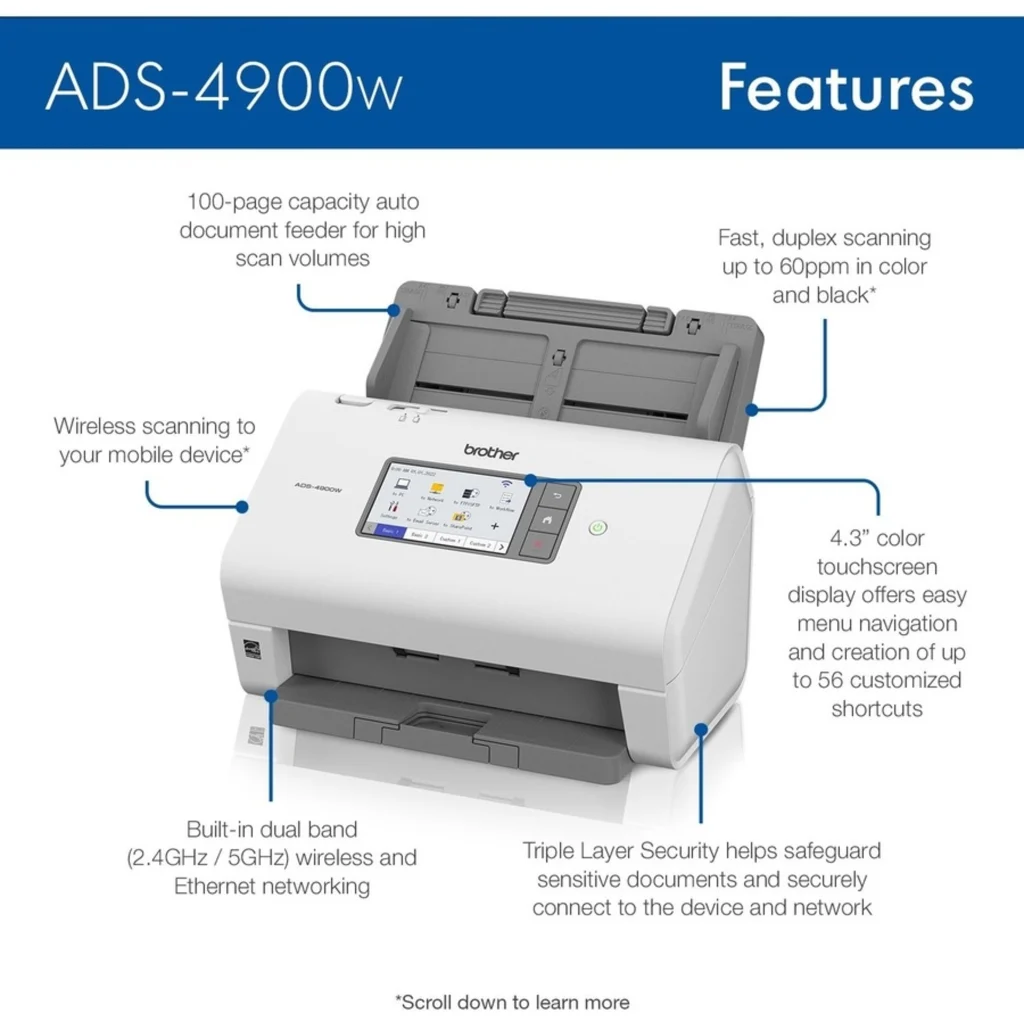 Imagen 7 de Escáner de Escritorio Brother ADS4900W, 120ppm ADF WiFi Ethernet USB 3.0 Dúplex