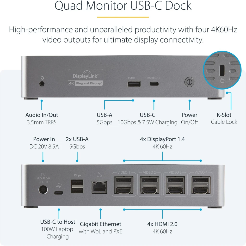 Imagen 2 de Docking Station StarTech USB-C a Prts: 4*DP 4*HDMI LAN Jck3.5mm 3*USB-A USB-C