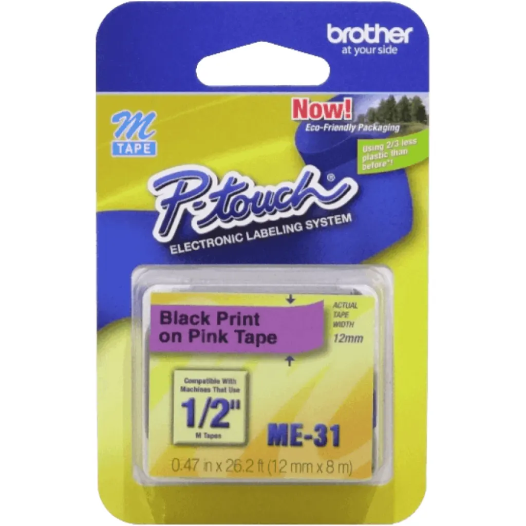 BROTHER 12mm Negro en Fondo Rosado Cinta 8mt p/PT-90