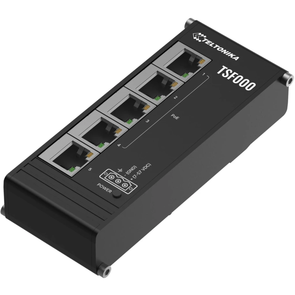 Teltonika Switch Ethernet industrial TSF000 con 5 puertos, 4 salidas PoE+, disen