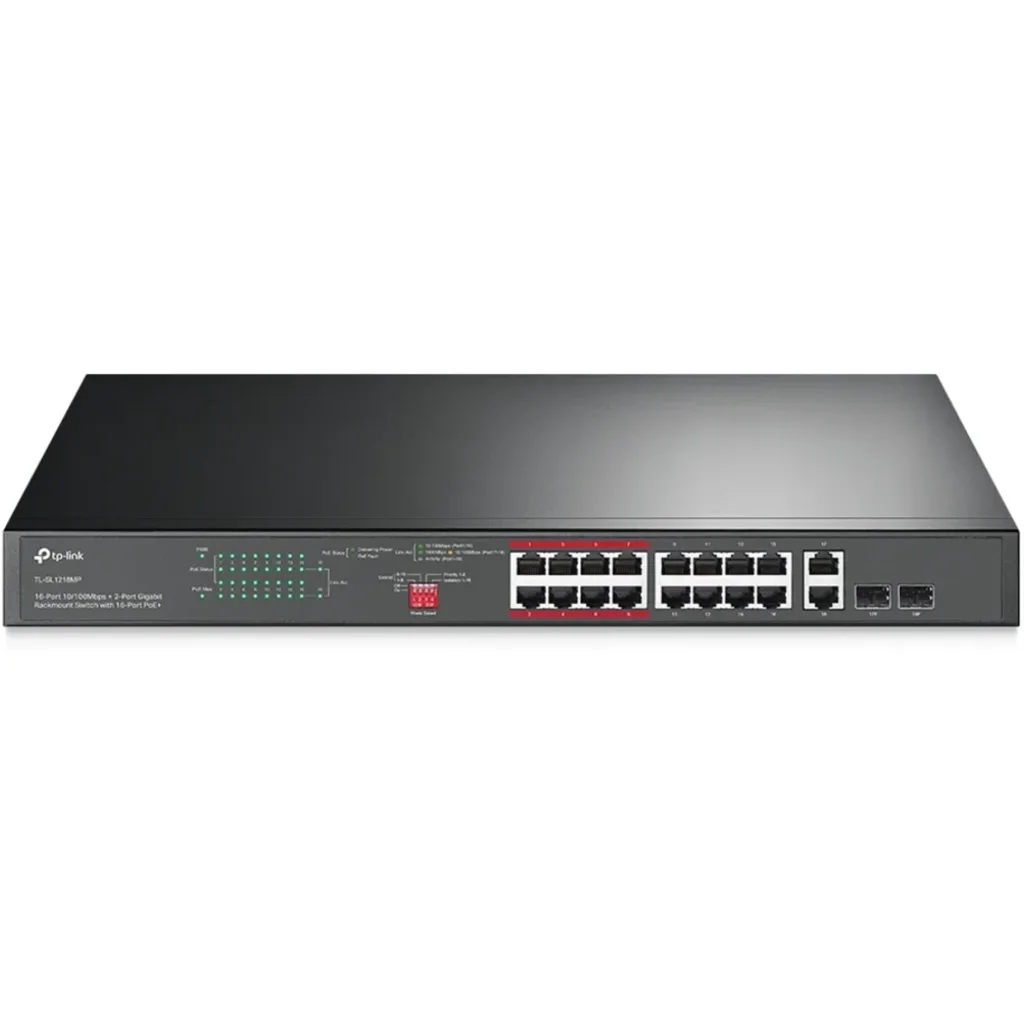 TP-Link TL-SL1218MP - Conmutador - sin gestionar - 16 x 10/100 (PoE+) + 2 x 10/100/1000 + 2 x Gigabit SFP combinado - montaje en rack (192 W)