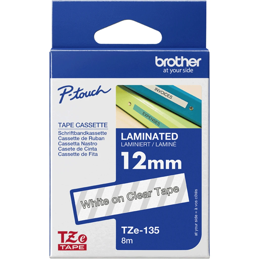 Imagen 3 de Cinta laminada Brother TZe135 texto blanco sobre fondo transparente 12mm x 8mts