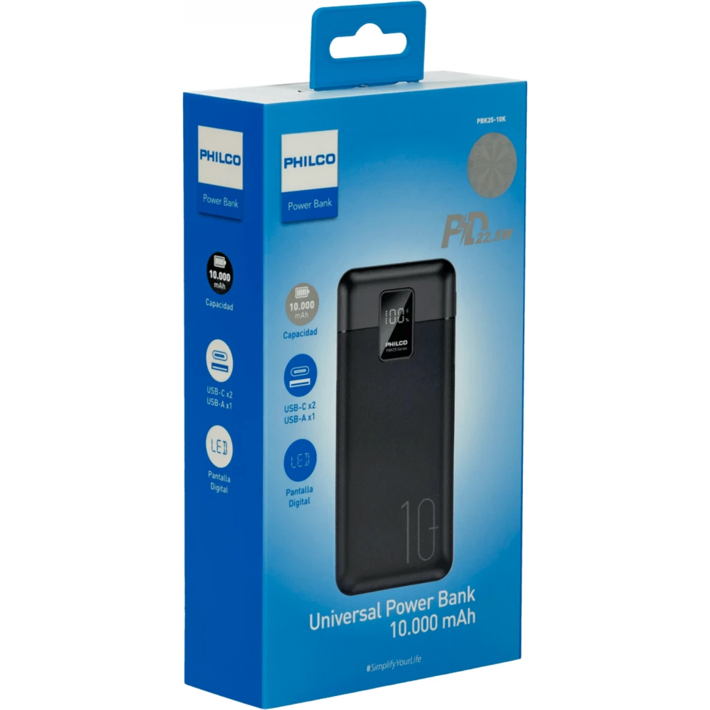 PHILCO Banco de Bateria 10000mAh 2-USB-C USB-A 37Wh Max-22,5W Portatil