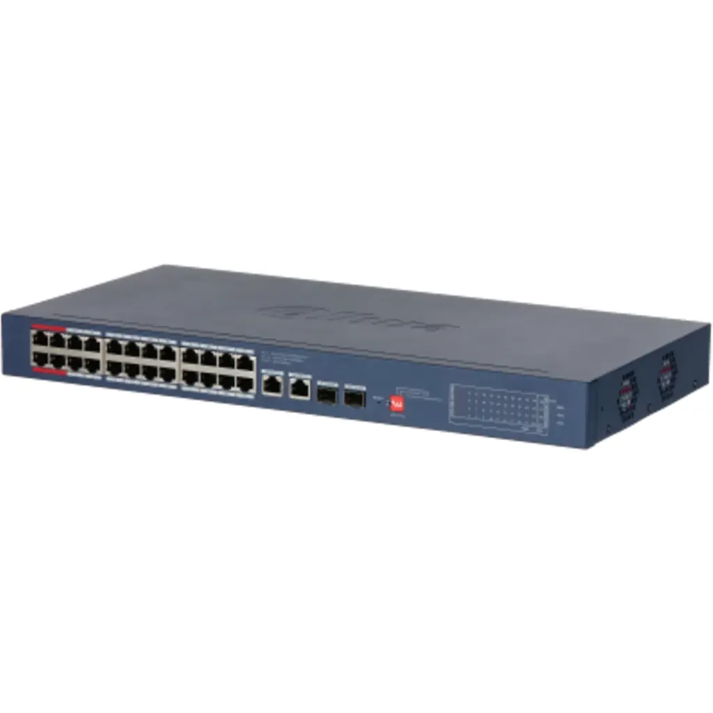 Imagen 2 de DH-CS4228-24GT-240-V2. Switch Dahua, 24 Puerto PoE ( 10/100/1000 Mbps), 2 Puertos uplink ( 10/100/1000 Mbps), 2 Puertos SFP ( 1000 Mbps ) Administración en Nube, Capa 2, PoE Total 240W.
