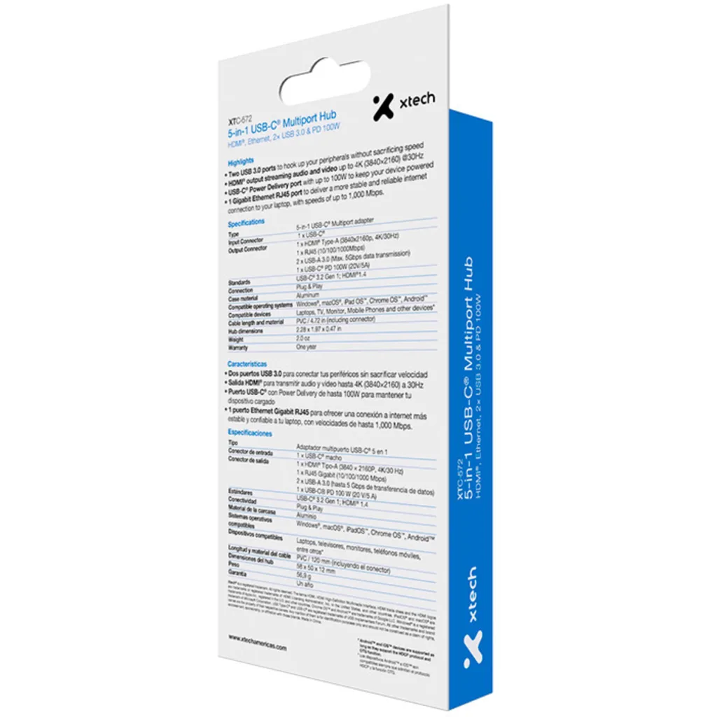 Imagen 5 de Xtech - Hub - 5 puertos - 5-in-1 USB-C(r) RJ-45  XTC-5