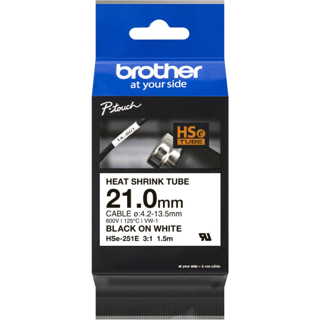 Cinta Tubo Termorretráctil para cables Brother HSE251E 21.0mm Negro Sobre Blanco