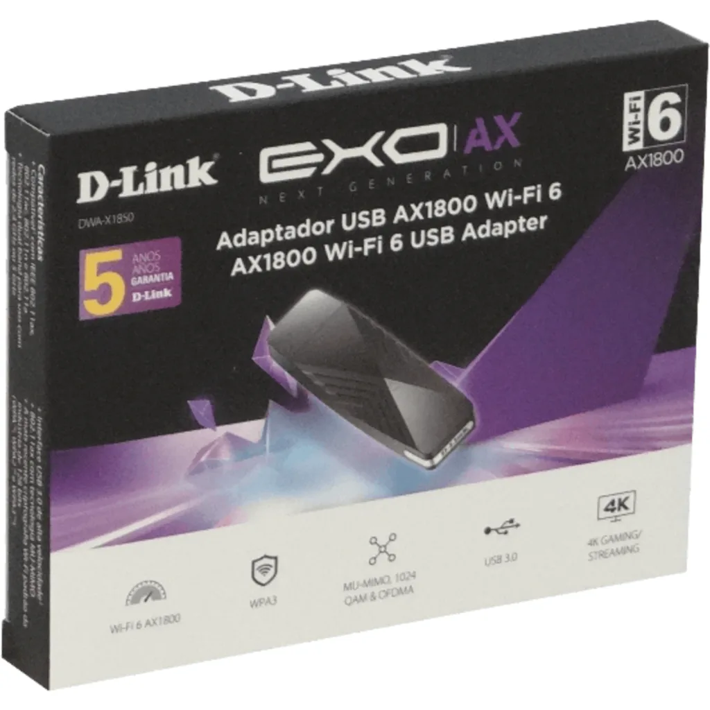 Adaptador de Red USB D-Link DWA-X1850 AX1800 Wi-Fi 6 (802.11ax) USB 3.2 G1 Negro
