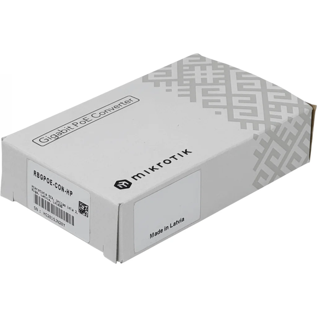 Inyector PoE pasivo Gigabit de alta potencia para equipos MikroTik. Permite alimentación por Ethernet en instalaciones profesionales.