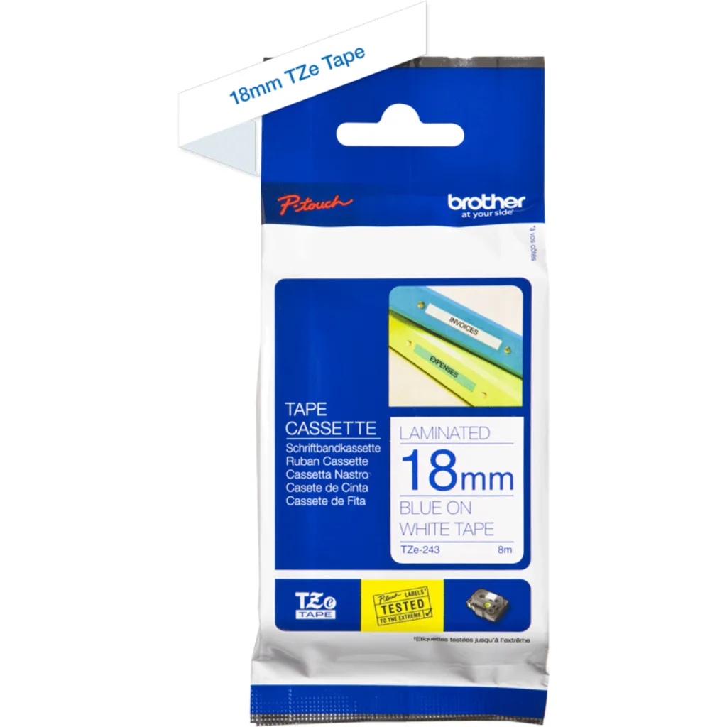 Imagen 2 de Cinta Rotuladora Brother TZ-243 18mm Azul Sobre Blanco p/ PT-200/1100/1130/1300