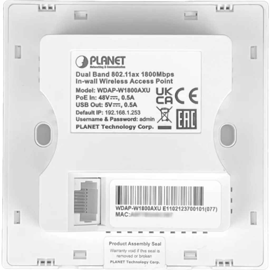 Imagen 5 de PLANET 1800AX 1-1000 2,4/5GHz 600/1200mbps USB-C 1800AX AP WIFI6 Muro