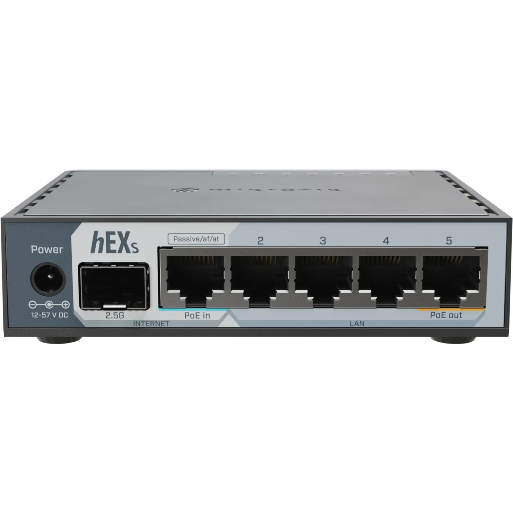 Router hEX S 2025 con CPU dual-core 950MHz, 512MB RAM, 5 Gigabit, SFP 2.5G, USB y RouterOS v7 L4 para redes flexibles.
