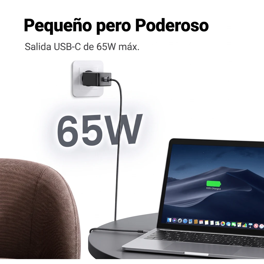 Imagen 2 de Cargador Rapido UGREEN Nexode 65W GaN 3 puertos 2x USB-C 1xUSB-A