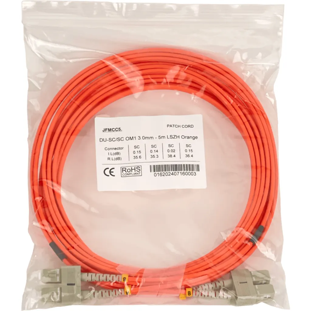 Imagen 1 de 5mt SC-SC OM1 MultiModo MM Duplex Jumper Fibra 62.5/125um 3mm LSZH