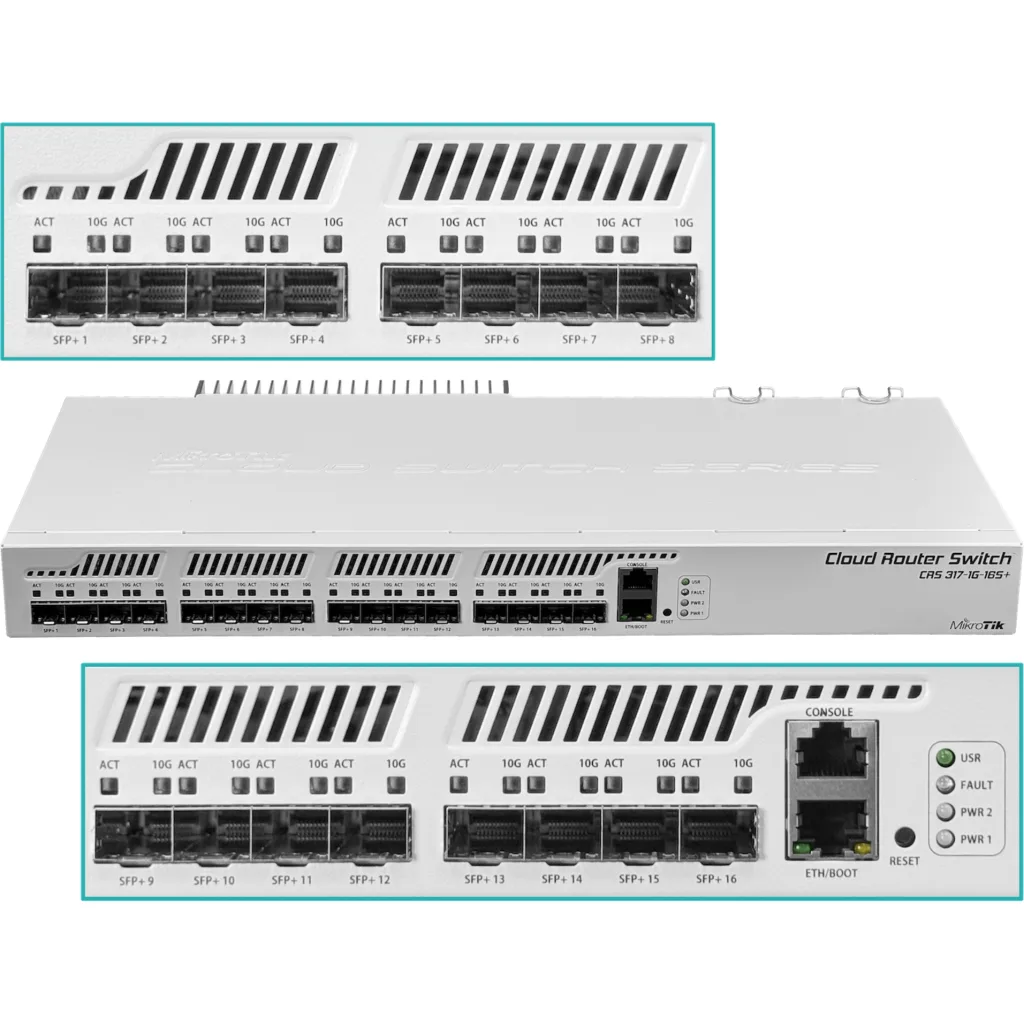 Switch Mikrotik CRS317-1G-16S+RM 16 SFP+, 1 Gigabit LAN Dual PSU 1U Enfr. Pasivo