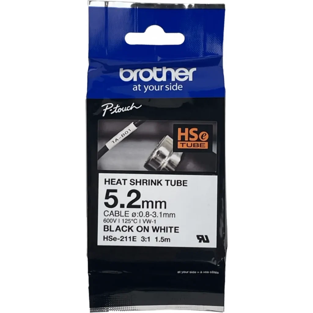 Cinta Tubo Brother HSE211E, Negro sobre Blanco 5.2mm 1.5mts Recom. 0.8mm a 3.1mm