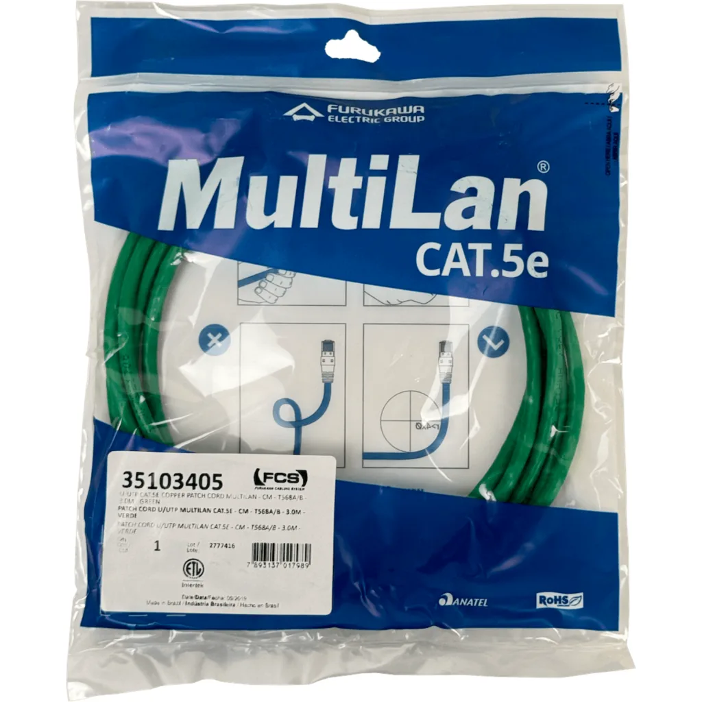 Imagen 1 de FURUKAWA 3mt Cat5e Verde U/UTP CM Cable Patch RJ45 Multilan 35103405