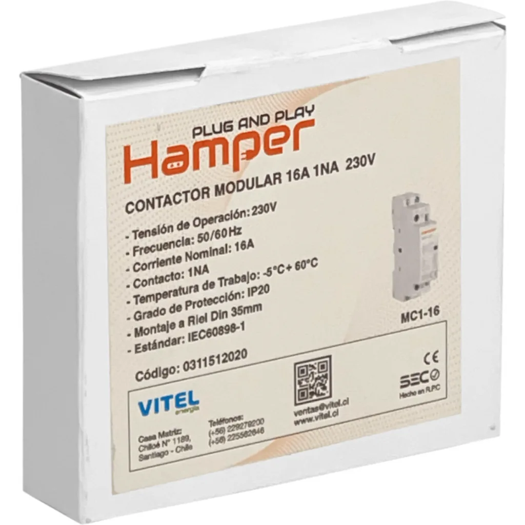 HAMPER 16A Contactor Monofasico Modular 230/400V 1NA IP20 Certif-SEC