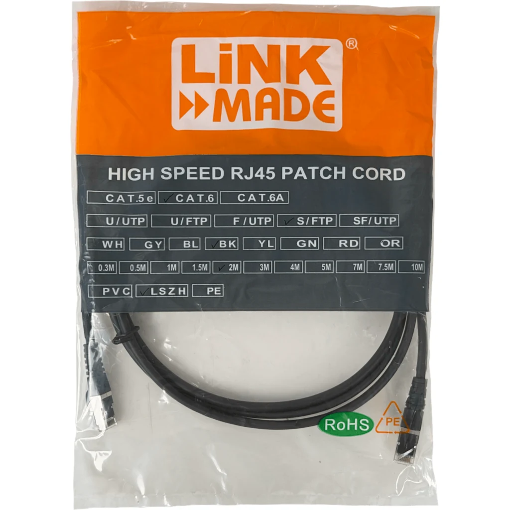 LINKMADE S/FTP CAT6 2mt NEGRO LSZH CABLE PATCH INYECTADO MULTIFILAR